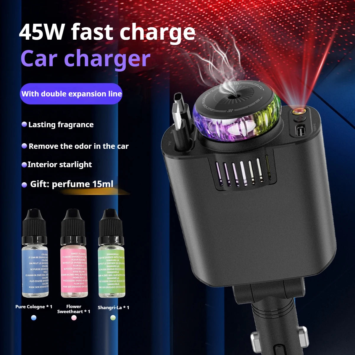 5 in 1 Car Charger Fast Charging 45W Retractable +Aromatherapy Diffuser+Starry Sky LED Lights Car Air Freshener Car Accessory