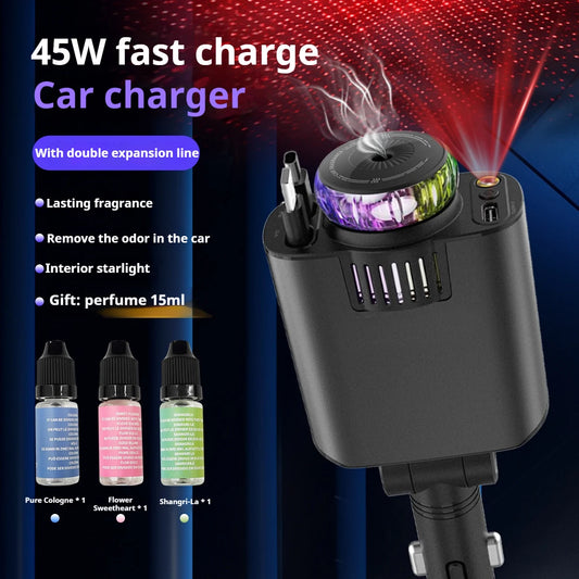 5 in 1 Car Charger Fast Charging 45W Retractable +Aromatherapy Diffuser+Starry Sky LED Lights Car Air Freshener Car Accessory