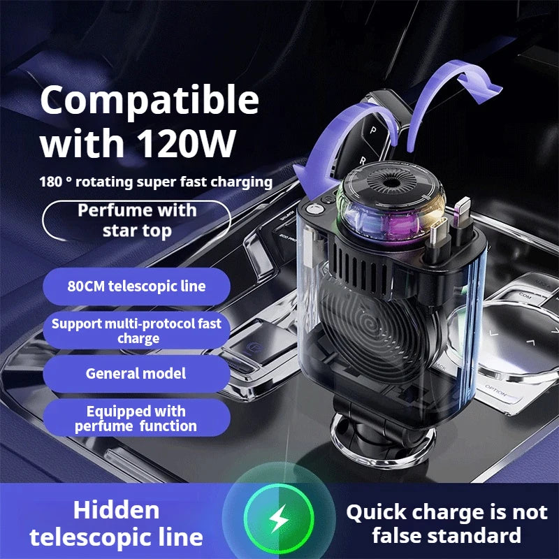 5 in 1 Car Charger Fast Charging 45W Retractable +Aromatherapy Diffuser+Starry Sky LED Lights Car Air Freshener Car Accessory